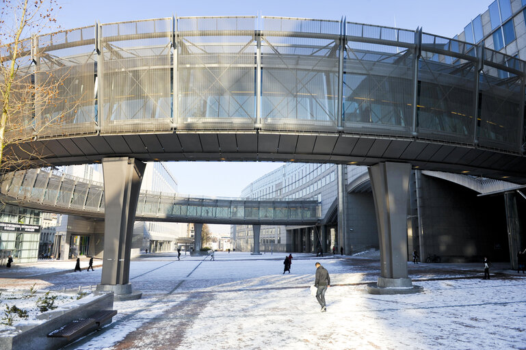 European Parliament in Brussels under the Snow