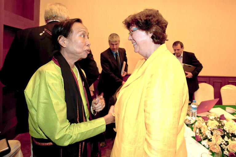 MEETING  OF THE MEMBERS FROM THE EUROPEAN PARLIAMENT WITH THE POLITICAL PARTIES FROM MYANAMAR  Dan Cho Cho Kyan from the Democratic Party Myanmar speak with Barbara WEILER after the end of the meeting.