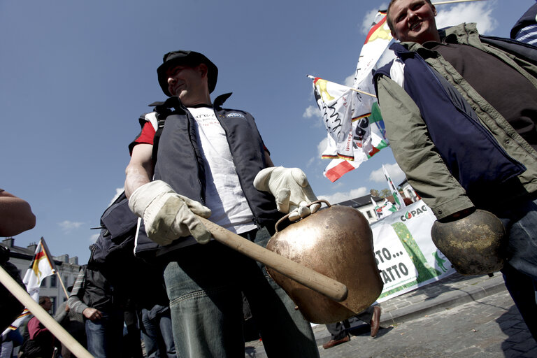 Fotografi 11: Milk producers of the European Milk Board protest in front of the European Parliament to draw attention to the pressing problems of the milk market.