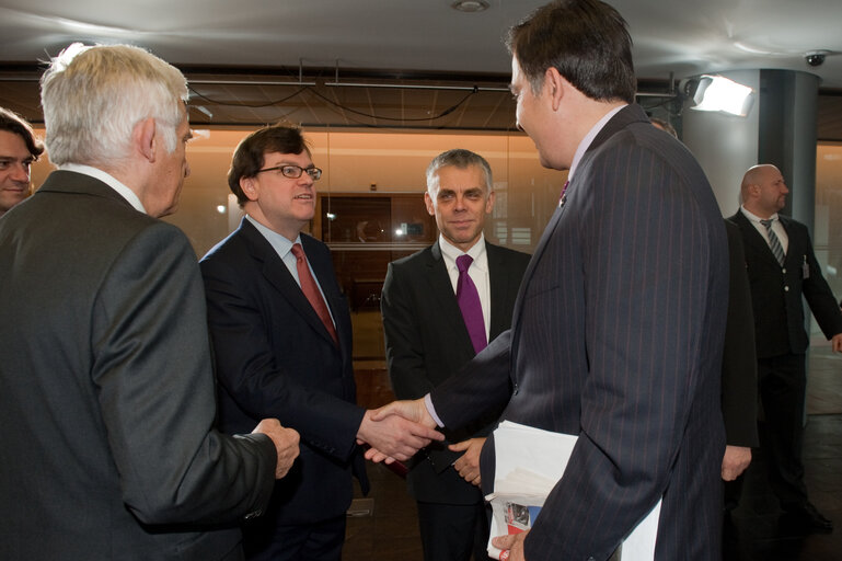 Fotogrāfija 33: Welcomes Mikheil SAAKASHVILI, President of Georgia - Protocol entrance by EP President, Jerzy BUZEK