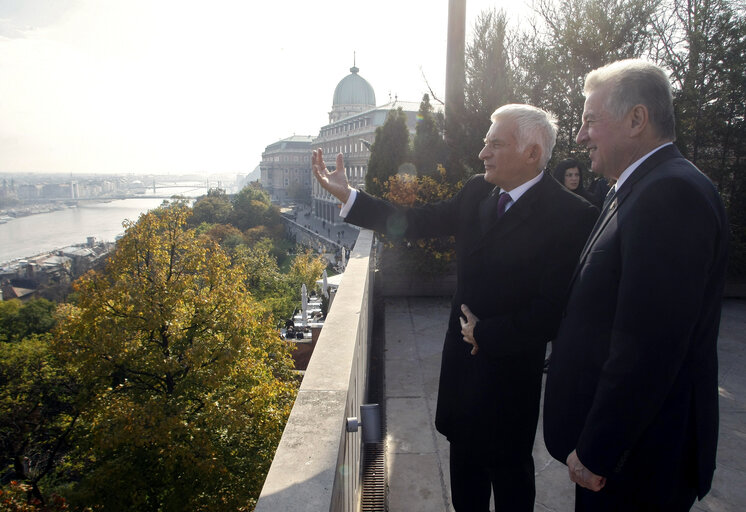 Foto 9: President of the European Parliament Jerzy Buzek (L) confers with Hungarian President Pal Schmitt in the 'Sandor' Presidental Palace in the Buda castle in Budapest