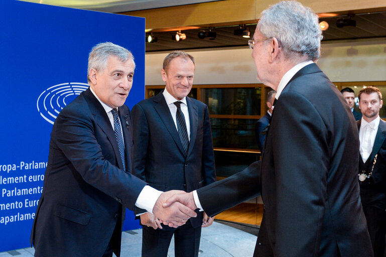 European Ceremony of Honour for Dr. Helmut KOHL - Jean-Claude JUNCKER, President of the EC, Antonio TAJANI, EP President, and Donald TUSK, President of the European Council,and Alexander VAN DER BELLEN, President of Austria (from left to right)