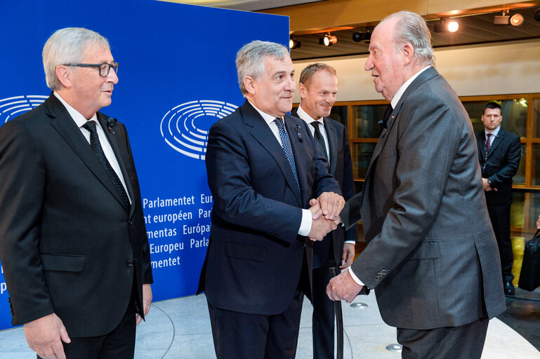 European Ceremony of Honour for Dr. Helmut KOHL - Jean-Claude JUNCKER, President of the EC, Antonio TAJANI, EP President, Donald TUSK, President of the European Council, and Juan Carlos, former King of Spain (from left to right)