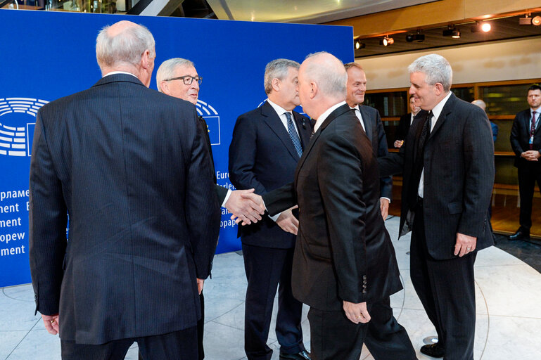 Suriet 4: European Ceremony of Honour for Dr. Helmut KOHL - Jean-Claude JUNCKER, President of the EC, Antonio TAJANI, EP President, and Donald TUSK, President of the European Council (faced, from left to right)