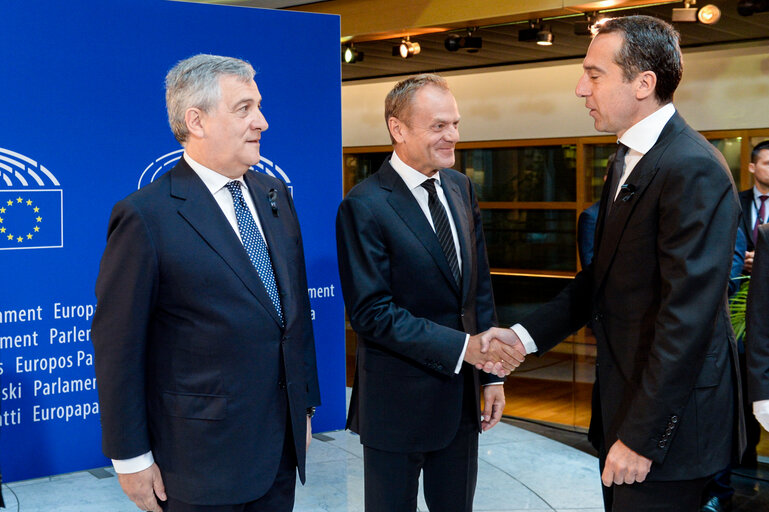 European Ceremony of Honour for Dr. Helmut KOHL -  Antonio TAJANI, EP President, Donald TUSK, President of the European Council, and Christian KERN, Austrian Federal Chancellor (from left to right)