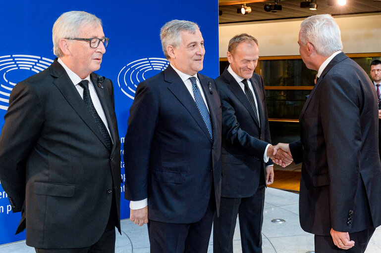 European Ceremony of Honour for Dr. Helmut KOHL - Jean-Claude JUNCKER, President of the EC, Antonio TAJANI, EP President, and Donald TUSK, President of the European Council (faced, from left to right)