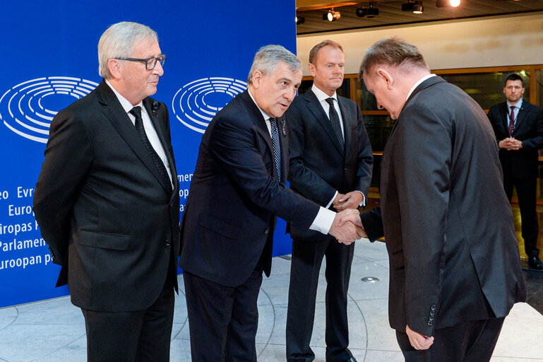 Suriet 15: European Ceremony of Honour for Dr. Helmut KOHL - Jean-Claude JUNCKER, President of the EC, Antonio TAJANI, EP President, and Donald TUSK, President of the European Council (from left to right)