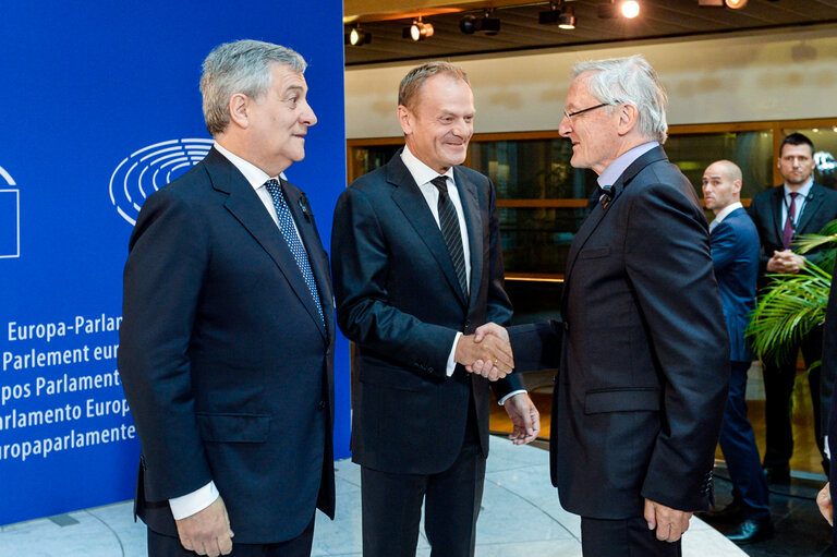 European Ceremony of Honour for Dr. Helmut KOHL - Antonio TAJANI, EP President, Donald TUSK, President of the European Council, and Wolfgang SCHÜSSEL, former Austrian Federal Chancellor (from left to right)