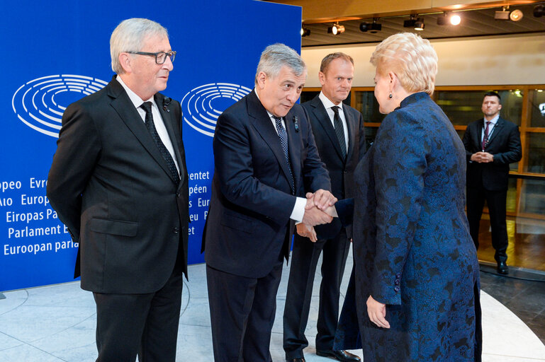 Suriet 28: European Ceremony of Honour for Dr. Helmut KOHL - Jean-Claude JUNCKER, President of the EC, Antonio TAJANI, EP President, Donald TUSK, President of the European Council, and Dalia GRYBAUSKAITÉ, President of Lithuania (from left to right)