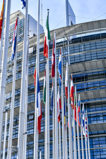 Valokuva 2: French and EU flags at half-mast at the European Parliament, following the passing away of Simone VEIL, former EP President