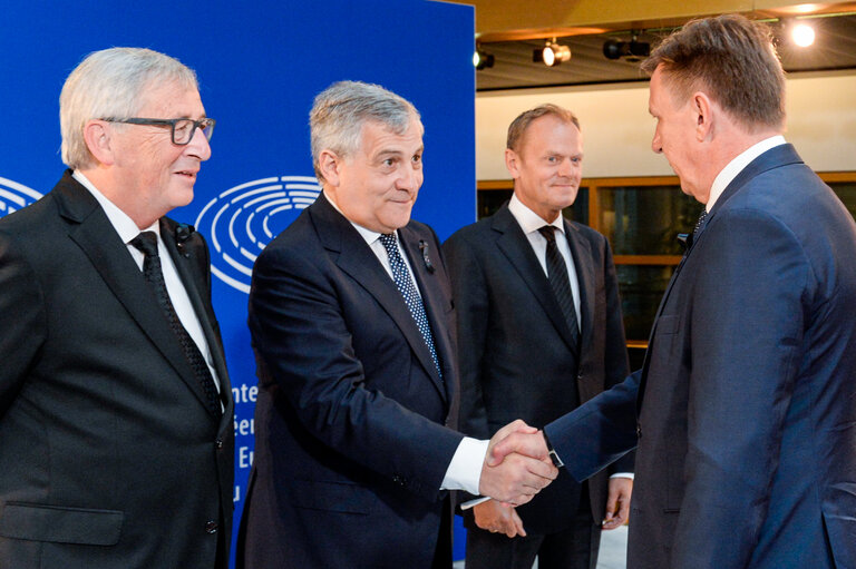 European Ceremony of Honour for Dr. Helmut KOHL - Jean-Claude JUNCKER, President of the EC, Antonio TAJANI, EP President, Donald TUSK, President of the European Council and Māris KUČINSKIS, Latvian Prime Minister (from left to right)