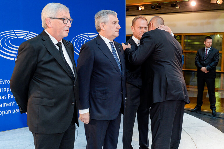 Suriet 27: European Ceremony of Honour for Dr. Helmut KOHL - Jean-Claude JUNCKER, President of the EC, Antonio TAJANI, EP President, Donald TUSK, President of the European Council, and Boyko BORISSOV, Bulgarian Prime Minister (from left to right)