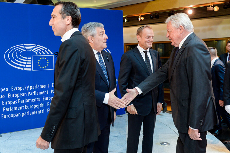 European Ceremony of Honour for Dr. Helmut KOHL - Christian KERN, Austrian Federal Chancellor, Jean-Claude JUNCKER, Antonio TAJANI, EP President, and Donald TUSK, President of the European Council (from left to right)