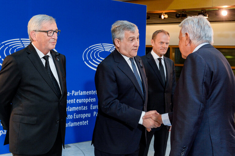 Suriet 3: European Ceremony of Honour for Dr. Helmut KOHL - Jean-Claude JUNCKER, President of the EC, Antonio TAJANI, EP President, and Donald TUSK, President of the European Council (faced, from left to right)