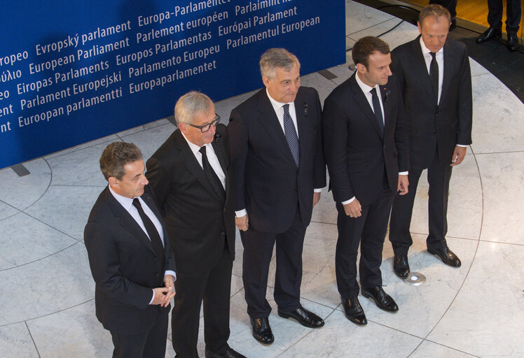 Fotagrafa 34: European Ceremony of Honour for Dr. Helmut KOHL - Nicolas SARKOZY, former President of the French Republic, Jean-Claude JUNCKER, President of the EC, Antonio TAJANI, EP President, Emmanuel MACRON, President of the French Republic, and Donald TUSK, President of the European Council, and  (from left to right)