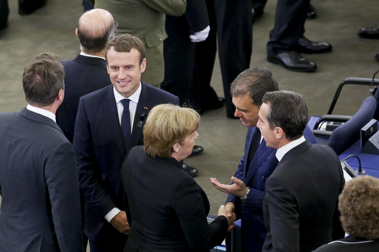 European Ceremony of Honour for Dr. Helmut KOHL - Emmanuel MACRON, President of the French Republic, on the left