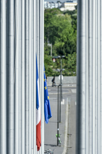 Valokuva 1: French and EU flags at half-mast at the European Parliament, following the passing away of Simone VEIL, former EP President