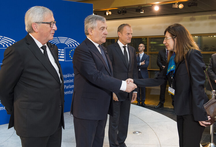 European Ceremony of Honour for Dr. Helmut KOHL - Jean-Claude JUNCKER, President of the EC, Antonio TAJANI, EP President, and Donald TUSK, President of the European Council (from left to right)