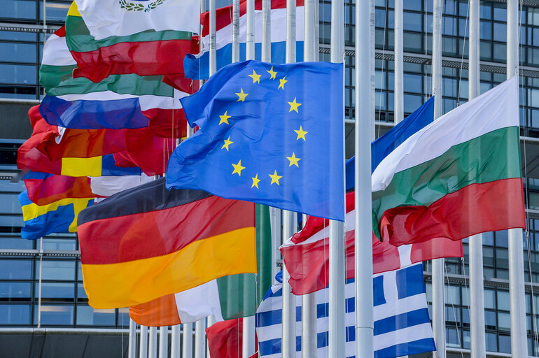 Suriet 6: European Ceremony of Honour for Dr. Helmut KOHL, Former Chancellor of the Federal Republic of Germany and Honorary Citizen of Europe (1930 - 2017) at the European Parliament in Strasbourg- Flags at middle mast