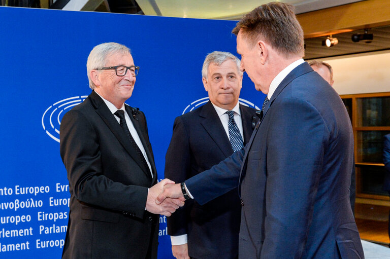 European Ceremony of Honour for Dr. Helmut KOHL - Jean-Claude JUNCKER, President of the EC, Antonio TAJANI, EP President, and Māris KUČINSKIS, Latvian Prime Minister (from left to right)