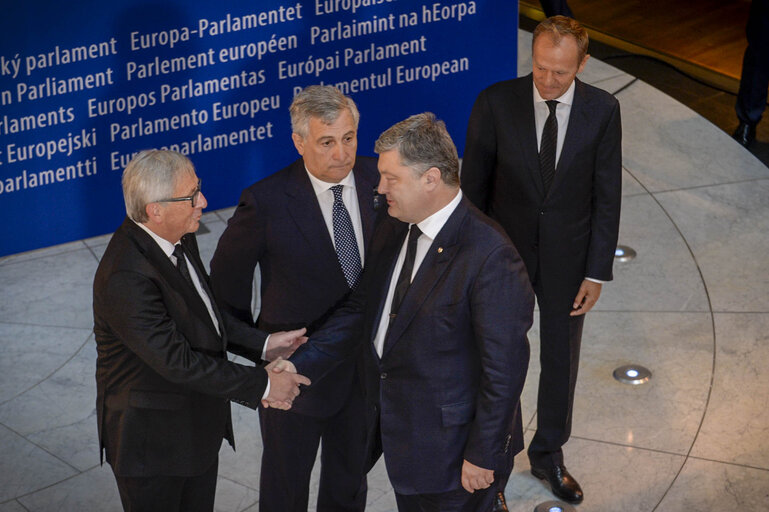 European Ceremony of Honour for Dr. Helmut KOHL - Jean-Claude JUNCKER, EP President, Antonio TAJANI, EP President, Petro POROSHENKO, President of Ukraine, and Donald TUSK, President of the European Council (from left to right)