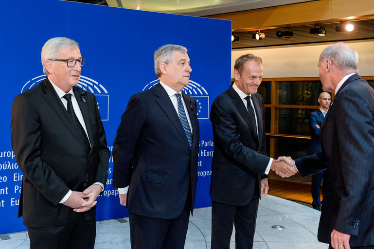 Suriet 16: European Ceremony of Honour for Dr. Helmut KOHL - Jean-Claude JUNCKER, President of the EC, Antonio TAJANI, EP President, and Donald TUSK, President of the European Council (from left to right)