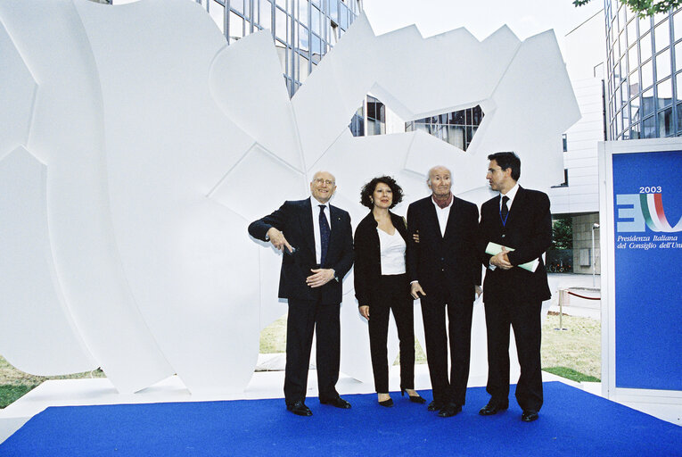 Unveiling of the Doppia Bifrontale sculpture of Italian artist Pietro CONSAGRA ot the beginning of the Italian Presidency of the Council