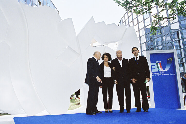 Unveiling of the Doppia Bifrontale sculpture of Italian artist Pietro CONSAGRA ot the beginning of the Italian Presidency of the Council