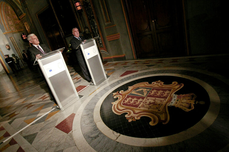 Valletta Malta, President of the European Parliament Prof. Jerzy Buzek (L) and Dr Micheal Frendo (R) Speaker of the house of Representatives give a press statement. Prof Buzek is in Malta on a two day official visit.