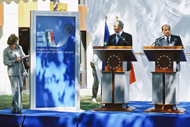 Unveiling of the Doppia Bifrontale sculpture of Italian artist Pietro CONSAGRA ot the beginning of the Italian Presidency of the Council