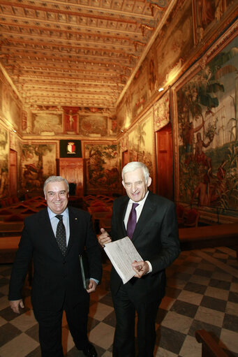 Valletta Malta, President of the European Parliament Prof. Jerzy Buzek (L) and Dr Micheal Frendo (R) Speaker of the house of Representatives. Prof Buzek is in Malta on a two day official visit.