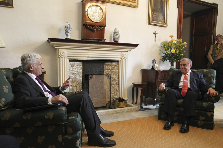 Valletta Malta, President of the European Parliament Prof. Jerzy Buzek (L) meets The Speaker of the House of Representatives of Malta, Dr. Michael Frendo (R). Prof Buzek is in Malta on a two day official visit.