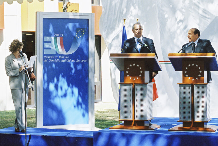 Unveiling of the Doppia Bifrontale sculpture of Italian artist Pietro CONSAGRA ot the beginning of the Italian Presidency of the Council