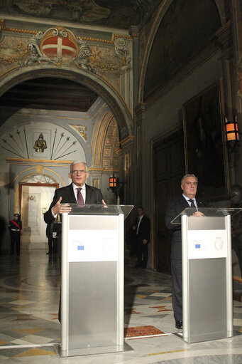 Valletta Malta, President of the European Parliament Prof. Jerzy Buzek (L) and Dr Micheal Frendo (R) Speaker of the house of Representatives give a press statement. Prof Buzek is in Malta on a two day official visit.