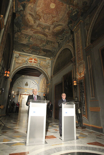 Valletta Malta, President of the European Parliament Prof. Jerzy Buzek (L) and Dr Micheal Frendo (R) Speaker of the house of Representatives give a press statement. Prof Buzek is in Malta on a two day official visit.