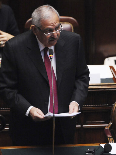 Foto 3: Abdulhadi Majali speaks during of the 7th plenary session of the Parlamentary assembly of the Union for the mediterranean at Italian Chambers of Deputies at Palazzo Montecitorio on March 4, 2011in Rome.