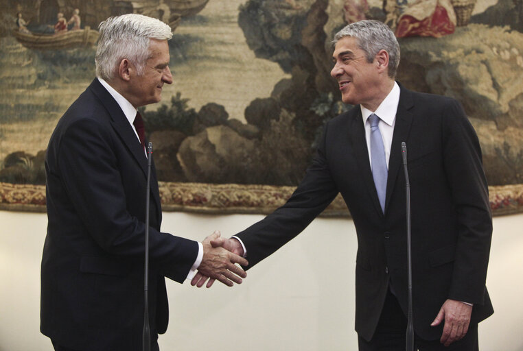 President of the European Parliament Jerzy Bruzek, on the left, shakes hands with Portuguese Prime Minister, Jose Socrates at the Pal·cio de S„o Bento, the Parliament building in Lisbon on February 17, 2011.