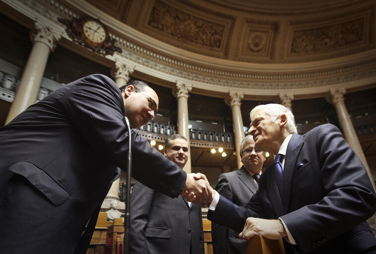 Fotografia 14: President of the European Parliament Jerzy Bruzek, right, meets three National Parliament Committees in the Sao BENTO Palace,, the Parliament building in Lisbon on February 18, 2011.