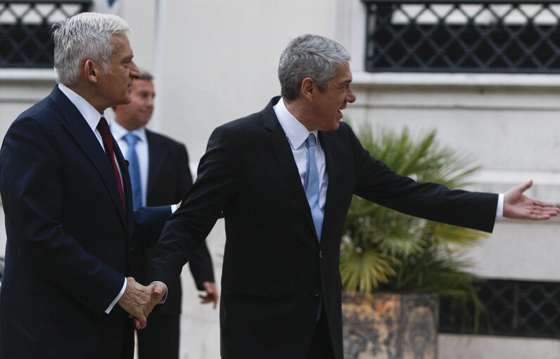 President of the European Parliament Jerzy Bruzek, on the left, shakes hands with Portuguese Prime Minister, Jose Socrates at the Pal·cio de S„o Bento, the Parliament building in Lisbon on February 17, 2011.