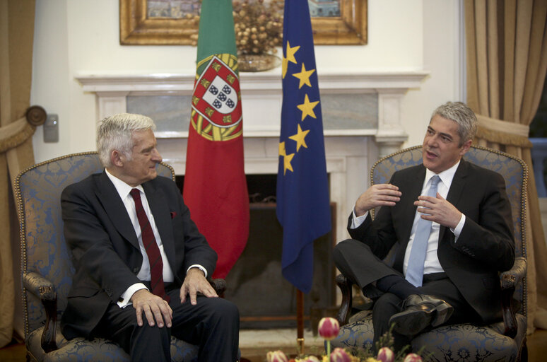 President of the European Parliament Jerzy Bruzek, on the left, confers with Portuguese Prime Minister, Jose Socrates at the Pal·cio de S„o Bento, the Parliament building in Lisbon on February 17, 2011.