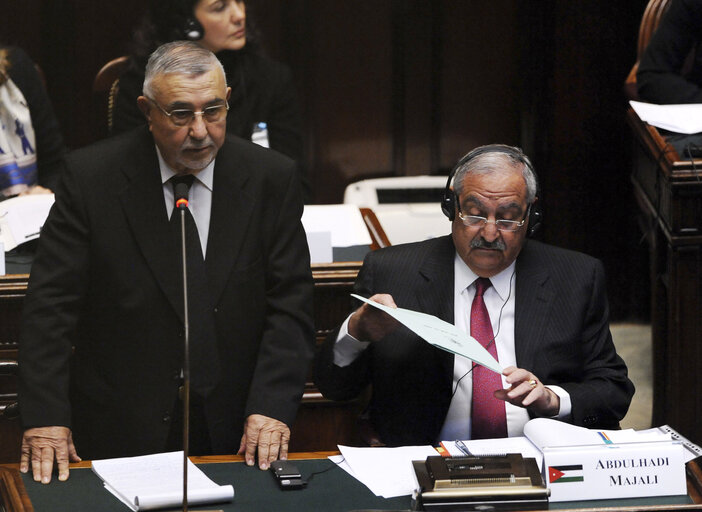 Abdelwahad Radi (L) speaks during of the 7th plenary session of the Parlamentary assembly of the Union for the mediterranean at Italian Chambers of Deputies at Palazzo Montecitorio on March 4, 2011in Rome.