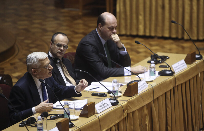 Fotagrafa 10: President of the European Parliament Jerzy Bruzek, center, meets three National Parliament Committees in the Sao BENTO Palace,, the Parliament building in Lisbon on February 18, 2011.