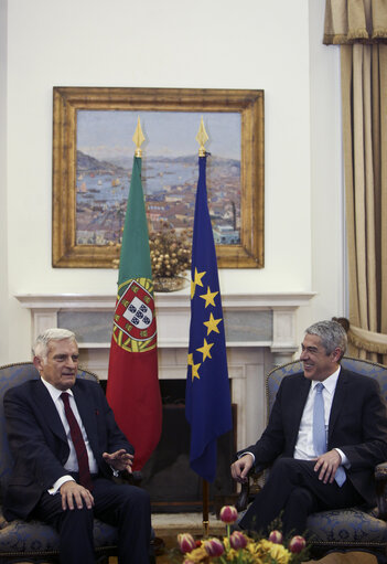 President of the European Parliament Jerzy Bruzek, on the left, confers with Portuguese Prime Minister, Jose Socrates at the Pal·cio de S„o Bento, the Parliament building in Lisbon on February 17, 2011.