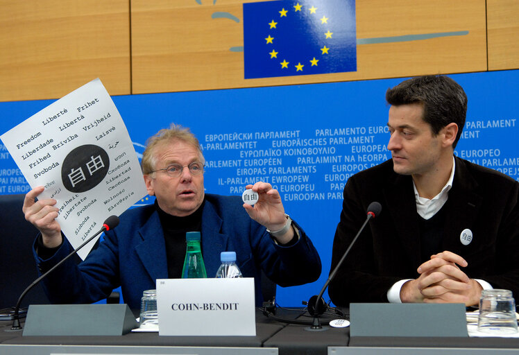 Suriet 7: Greens / EFA group co-Presidents Daniel Cohn-Bendit and Monica Frassoni hold a news conference over Freedom in Strasbourg