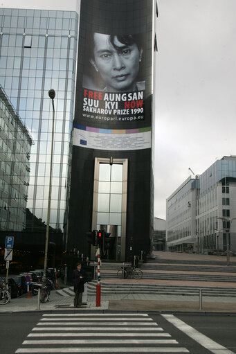 The portrait and the name of detained Aung San Suu Kyi, 1990 Sakharov Prize laureate, are displayed on the EP building in Brussels