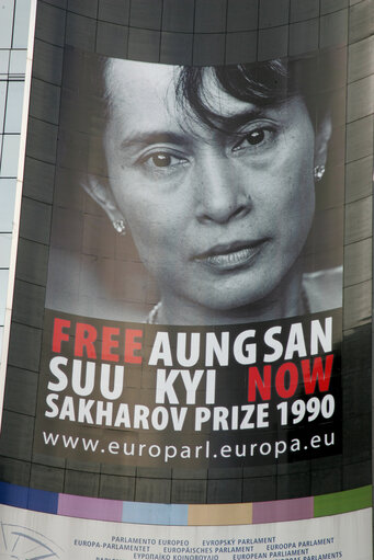 The portrait and the name of detained Aung San Suu Kyi, 1990 Sakharov Prize laureate, are displayed on the EP building in Brussels