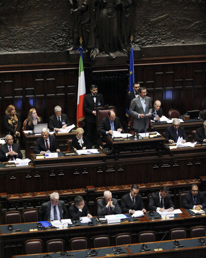 Foto 21: President of the Italian Chamber of Deputies Gianfranco Fini speaks during of the 7th plenary session of the Parlamentary assembly of the Union for the mediterranean at Italian Chambers of Deputies at Palazzo Montecitorio on March 4, 2011in Rome.