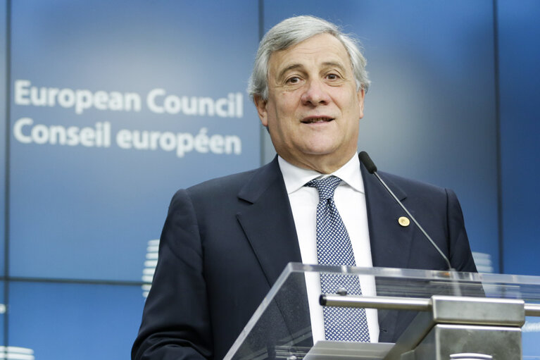 Foto 7: Antonio TAJANI - EP President takes part in the European Council meeting - Press Conference