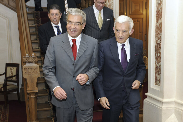 European Parliament President Jerzy Buzek (R) leaves the Chamber of Deputies with the president Laurent Mosar, on November 09, 2010 in Luxembourg.