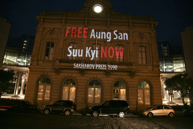 The portrait and the name of detained Aung San Suu Kyi, 1990 Sakharov Prize laureate, are displayed on the Brussels-Luxembourg  railway station in front of the EP in Brussels